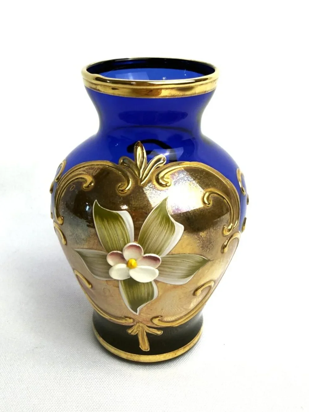 Murano Glass Vintage Vase Cobalt Blue & Gold Enamel Raised Floral 4 ¼” Italy
